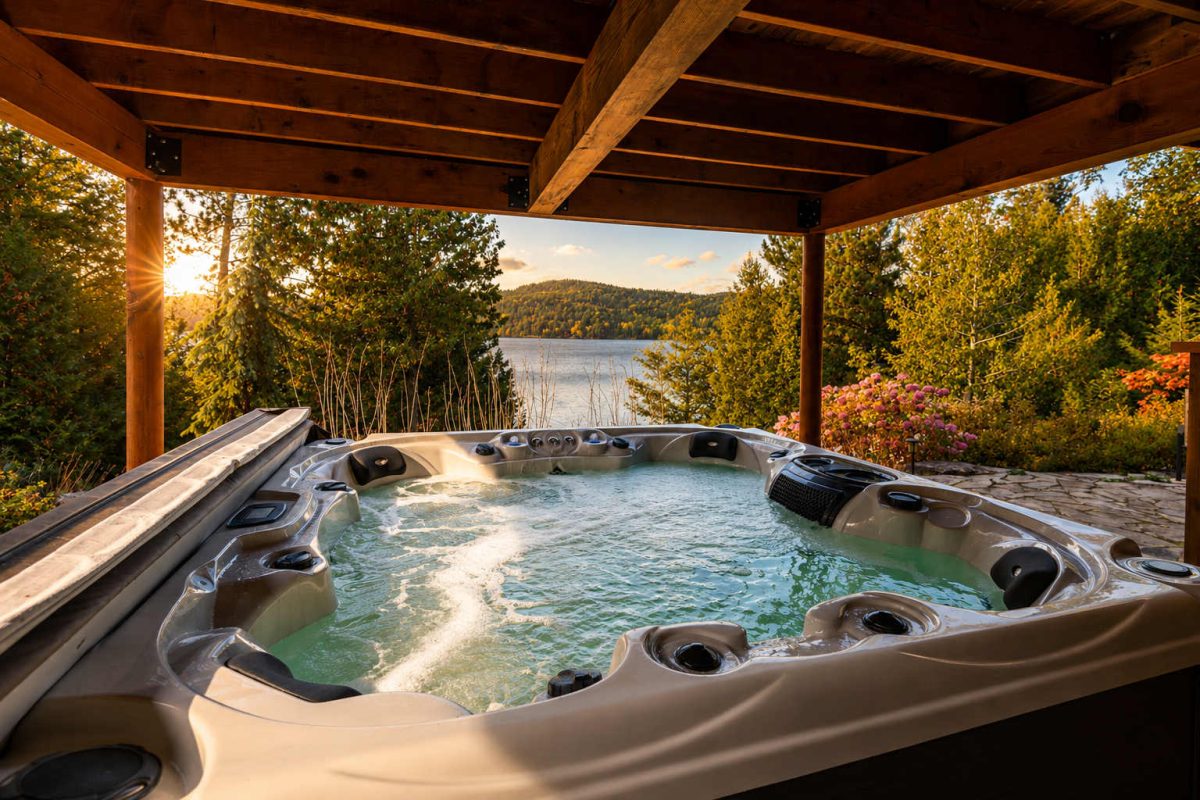 Spa sous une pergola de bois, vue sur le lac et les collines boisées au soleil bas