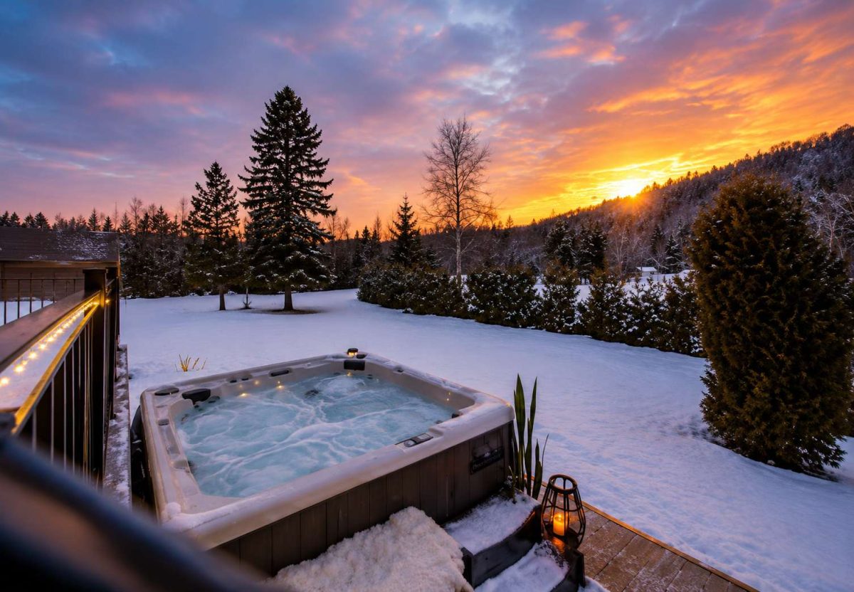 Spa extérieur en fonction sous la neige au coucher du soleil, sapins et guirlande lumineuse