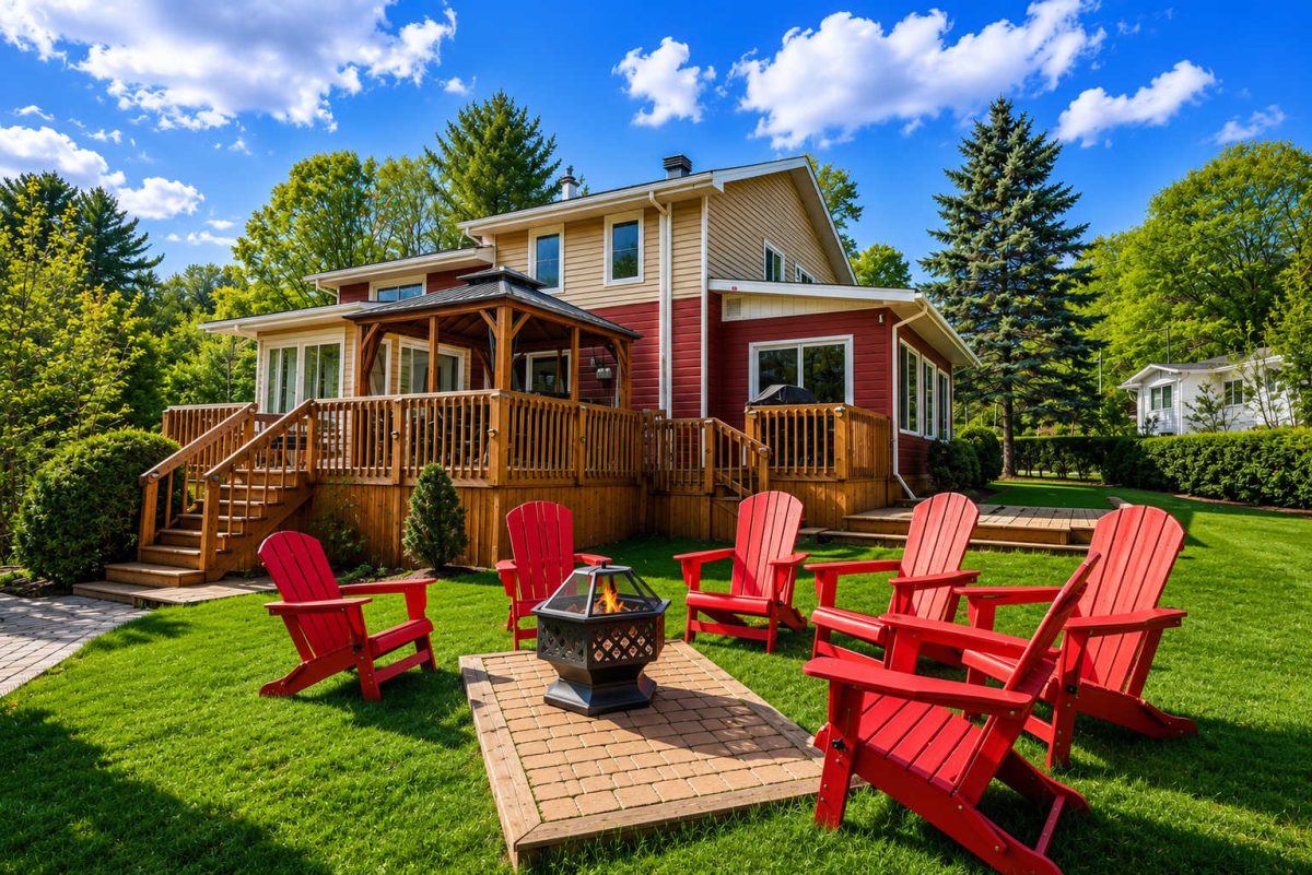 Le Koala chalet in red and cream with a large wooden deck, gazebo and a fire pit on the lawn