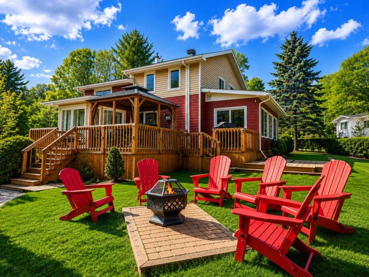 Le Koala, façade rouge et crème avec grande terrasse de bois et gazebo, rond de feu sur la pelouse